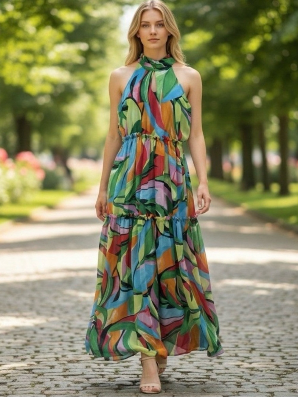 Nicole Miller Multicolor Halter Midi Dress in Green & Blue Print
